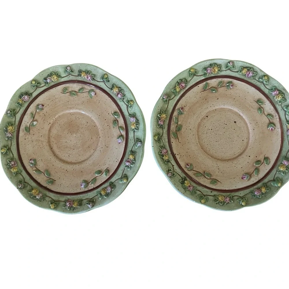 2 Vintage Bonnie Griffin Rosa Bella Floral Green Tan Tea Plates Cottagecore 6”